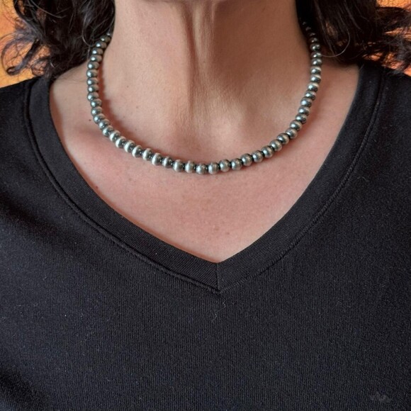 Navajo Pearl Beads 7 mm Sterling Silver Necklace Length 20"-22" For Women - Picture 1 of 9